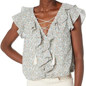 Cupcakes and Cashmere Floral Lace Up Ruffle Blouse Size Large